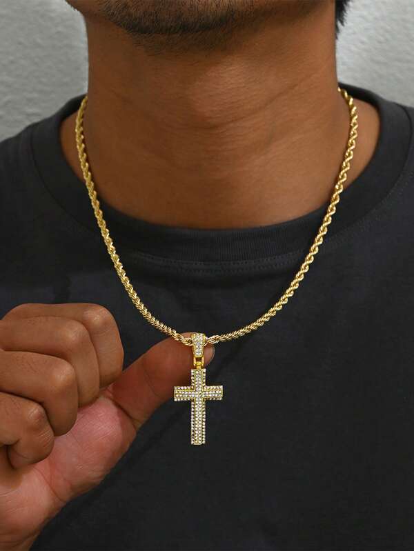 1pc European American Cross Necklace, Micro-Inlaid Design, Versatile Pendant Suitable For Men's Hip Hop Party, Daily Wear