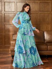 Faeriesty Druck elegantes Chiffonabendkleid mit Blumendrucken, hoher Kragen Glockenärmel - Geschichtetes Rüschenoberteil, perfekt für boho Gartenhochzeiten, vintage Braut-Bankette und rote Teppich Auftritte