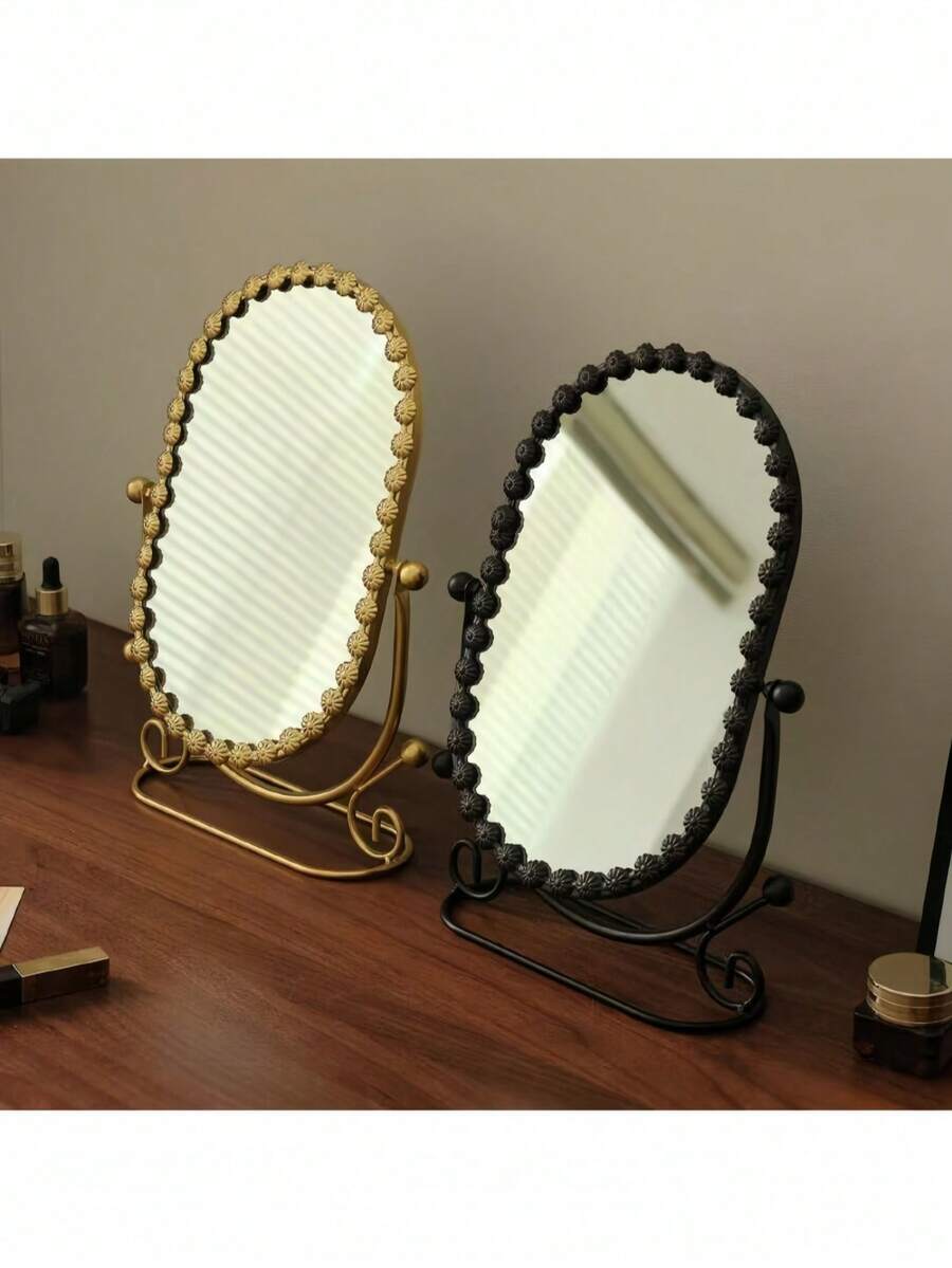 1 Pc European Style High-End Vanity Makeup Mirror, Suitable For Home Bedroom Desk, Influencer Dorm Beauty Mirror, With Flip Function
