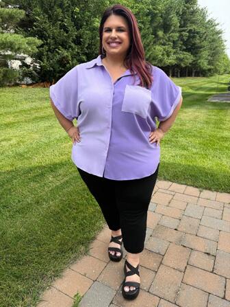 Enliva Camisa sencilla de manga corta con bloque de color para mujer talla grande, verano