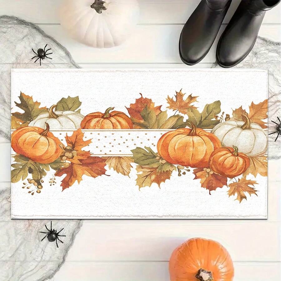 1pc Autumn Yellow Pumpkin & Maple Leaf Print Faux Wool TPR Base Entrance Mat, Bathroom Mat, Kitchen Mat, Laundry Room Mat, Holiday Atmosphere Decor, Home Decor, Party Decor, Wedding Decor, Dining Decor