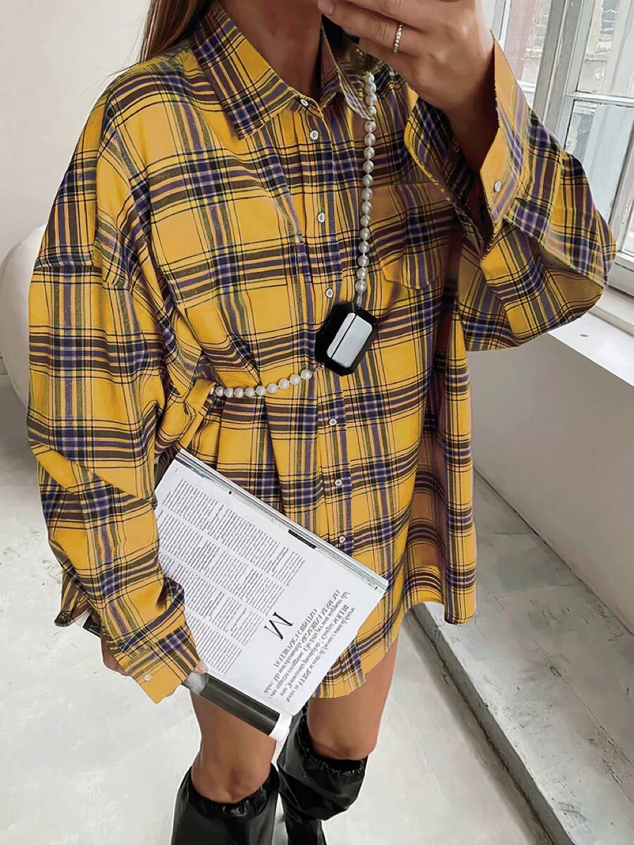 女士宽松休闲格子衬衫，带口袋，适合日常穿着 - 黃色 - 查看 1