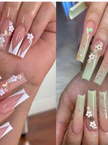 3 件/套 3D 花朵指甲饰物，1 盒 3D 亚克力花朵美甲饰物和宝石白粉色混合樱花春季水钻亚克力指甲用品，含 1 个镊子和 1 个拾取器美甲 DIY 指甲装饰