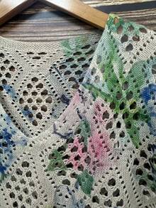 Knitted Mesh Pullover Top, Floral Print, Polyester, Sheer V-Neck, Casual Wear For Daily, Home, Travel, Spring/Summer - Multicolor - View 5
