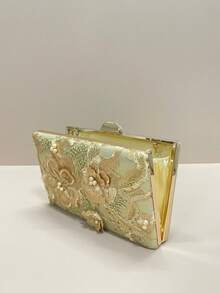 Mini bolsa de noite dourada (padrão aleatório, única), elegante e requintada, com bordado de lantejoulas, bolsa clutch feminina, ideal para festas, casamentos e galas - Ouro - Ver 3