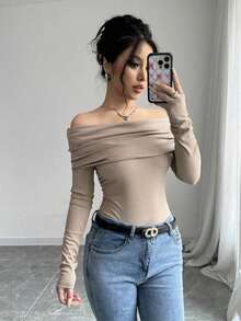 Women's Elegant Off Shoulder Ruffle Long Sleeve Solid Color Blouse - Albaricoque - Ver 5