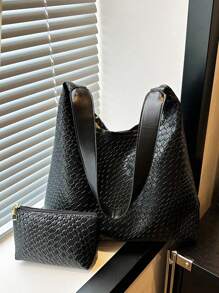 Bolso de hombro de mujer con forma de media luna tejido, bolso axilar de piel sintética con monedero