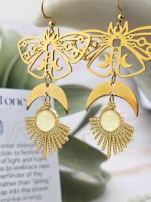 2 piezas Pendientes con colgante de forma de luna calada de piedra natural exquisita, pendientes con colgante de estilo bohemio de metal dorado para mujeres, adecuados para salidas, fiestas, reuniones, a juego con ropa diaria