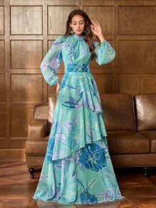 Faeriesty Druck elegantes Chiffonabendkleid mit Blumendrucken, hoher Kragen Glockenärmel - Geschichtetes Rüschenoberteil, perfekt für boho Gartenhochzeiten, vintage Braut-Bankette und rote Teppich Auftritte