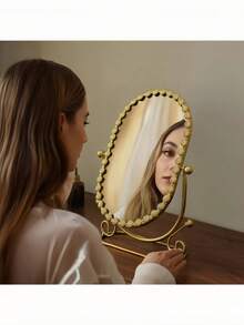 1 Pc European Style High-End Vanity Makeup Mirror, Suitable For Home Bedroom Desk, Influencer Dorm Beauty Mirror, With Flip Function - Multicolor - View 4