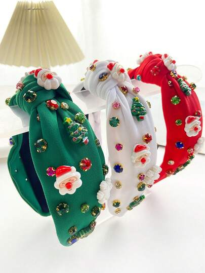 1pc Women's Heavy-Duty Christmas Headband Hair Accessory, Fashionable, High-Quality Cute And Sweet, Made Of Polyester Fiber, Popular Christmas Rhinestone Decorated Tree Style Wide Hair Hoop, Suitable For Daily Commuting Outfit Matching, Hair Fixing And Styling Decoration, Hair Band, Autumn, Hair Accessories ,Christmas Decorations Home Holiday Essential ,Hairband For Women