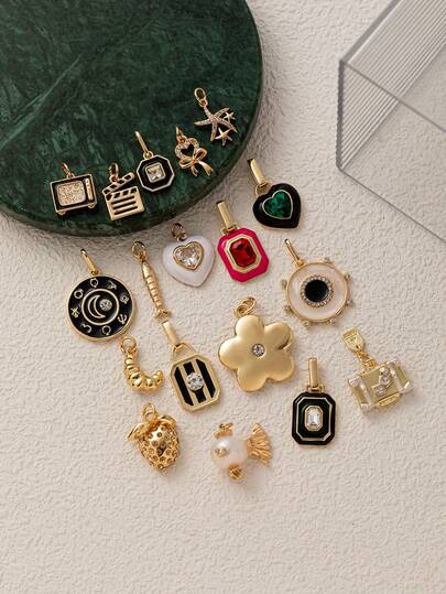 1 pieza Colgante veraniego elegante con diseños de estrella de mar, perla, pez, flor, fresa, corazón y cuerno de toro, plateado con oro de 18K, no se oxida fácilmente, adecuado para hacer collares, pulseras, aretes, cadenas de bolso, llaveros y colgantes creativos como regalo para esposas, madres y novias