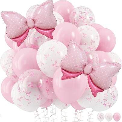 12 Inch Pale Pink Bow Decorative Balloons, Transparent White Base With Bow Print, Elegant Style For Women Birthday, Bachelorette, Bride, Wedding Anniversary Decor