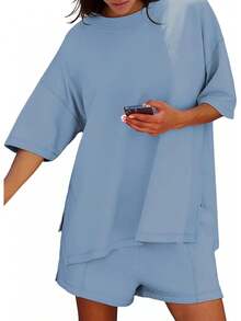 Womens Shorts Sets 2 Piece Outfits Summer 2025 Half Sleeve Crew Neck Cotton Lounge Sets Matching Clothinghalloween - 白色 - 查看 2