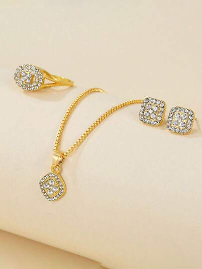 4 件套新娘和伴娘奢华水晶几何项链戒指耳环套装，日常珠宝装饰