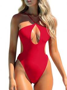 Womens Sexy One Piece Bathing Suit Plunge Neck Cut Out Backless Criss Cross High Waisted Swimsuit - 紅色 - 查看 2