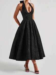 Vestido elegante de jacquard con cuello halter para mujer, corte bajo, sin mangas, espalda abierta, corte A, largo, para fiesta de noche y club. - Negro - Ver 7