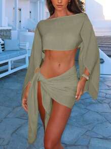 Women's Summer 2 Pieces Set Featuring Voluminous Sleeve Design Wrap Skirt, Fashionable & Elegant Resort/Vacation Style, Daffodil Yellow