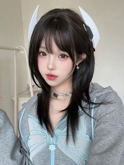 alicegarden 1 Synthetic Heat-Resistant Short Straight Wig, Black Brown Bangs Style Wig, 22 Feet Long, Daily Use, Natural And Realistic Wig (Excluding Accessories)