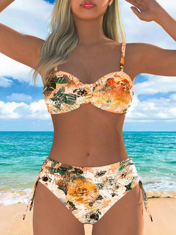 Conjunto de bikini de 2 piezas con tirantes de espagueti y estampado floral de verano para mujer
