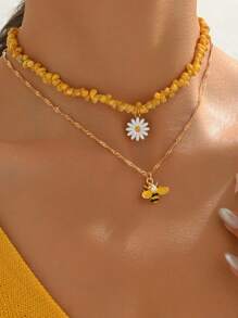 2 Stücke/Set Sommer Urlaubsstil gelbe natürliche Seemuschel handgemachte Perlenkette mit Gänseblümchen Blumen Metall Bienen Anhänger Kette, geeignet für Alltag, Party, Musikfestival und Strandmode