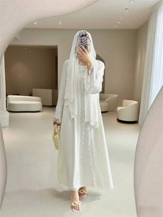 4pcs/Set Lace Trim Abaya With Sleeveless Tank Dress, Headscarf, And Belt