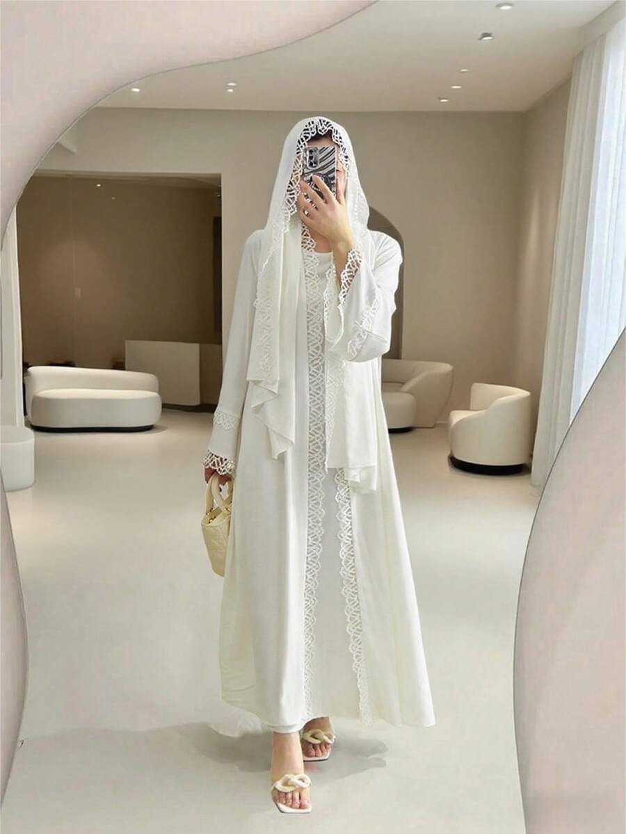 4pcs/Set Lace Trim Abaya With Sleeveless Tank Dress, Headscarf, And Belt - Milky - View 1