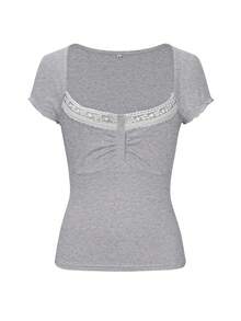 T-shirt tricoté à col rond, manches courtes, style preppy Y2K, avec patchwork en dentelle, pour femmes, pour l'été - fleur gris - Voir 3