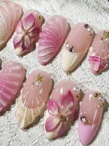 手工美甲 - 粉色3D立体花朵美甲、夏日海滩美甲、水晶贝壳美甲、中号黄色杏仁形贴片美甲、假指甲、女孩/女士美甲用品 - 粉色 - 查看 3