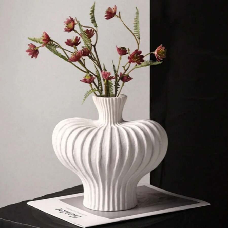 1 pieza de jarrón de plástico imitación cerámica para cultivo de agua, jarrón chic de plástico para sala de estar, decoración de escritorio moderna y minimalista - Blanco - Ver 1