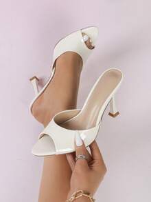 Dép cao gót thời trang nữ gợi cảm, phong cách Anh và Âu Mỹ, mũi nhọn kiểu Pháp thanh lịch, mũi tròn, thoải mái tối giản, màu sắc hài hòa, sơn mài bóng cao, đế vuông mỏng, nhẹ, bề mặt gương bóng, dễ đi lại, chất liệu màu trắng ấm áp, PU sáng, giày giao lưu xuân hè thu, giày đi chơi, dép xăng đan thanh lịch, công sở, màu trơn, công sở bóng, tiệc tùng ngoài trời - trắng - Xem 3