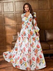 Faeriesty 印花优雅雪纺晚礼服，带有鲜艳的花卉印花、深 V 领口和多层裙摆 | 适合正式场合的浪漫优雅设计 | 非常适合婚宴、花园庆典和海滩婚礼
