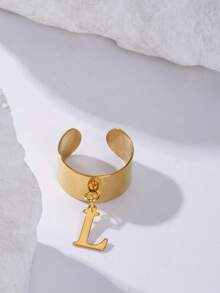 2025 最新时尚 26 个字母 A-Z 吊坠开口戒指，18K 镀金不锈钢可调节珠宝拇指环，男女皆宜，日常佩戴 - 金色 - 查看 11