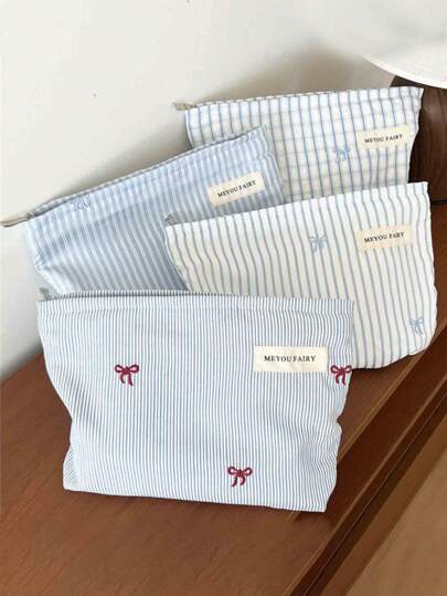 Bolsa de Maquiagem Elegante de Dama Azul com Listras e Laço, Bolsa de Armazenamento de Cuidados com a Pele de Grande Capacidade, Bolsa de Viagem Portátil, Bolsa de Lavagem, Bolsa de Mão Leve, Bolsa para Caneta, Cosméticos, Batom, Moeda Solta, Cartão, Bolsa de Armazenamento de Viagem, Compras, Trabalho, Escola, Essencial de Volta às Aulas, Presente de Dia dos Namorados, Natal, Feriado, Casamento, Presente para Amigo