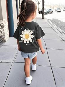 Baby Girl Minimalist Daisy Floral Print Crew Neck Short Sleeve Cute Top - Dark Grey - View 8