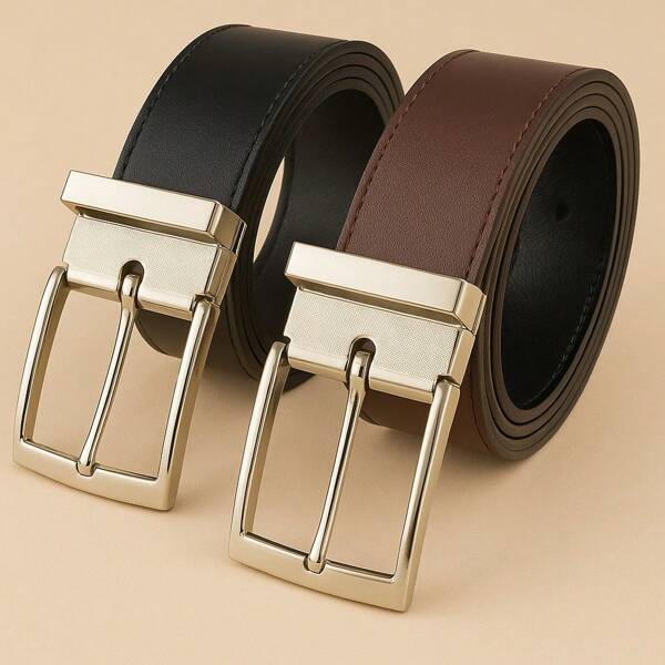 Cinto de Couro 2 em 1 Masculino Dupla Face Até 130cm Fivela Giratória Dia dos Pais