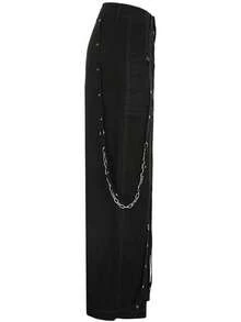 Women Vintage Goth Hop Jeans Punk High Waisted Baggy Bootcut Jeans Strap Chain Striped Wide Leg Pants - 黑色 - 查看 4