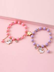 Set de 2 pulseras elásticas con encantos de gato de dibujos animados y perlas, regalo de joyería ideal para hermanas y mejores amigas