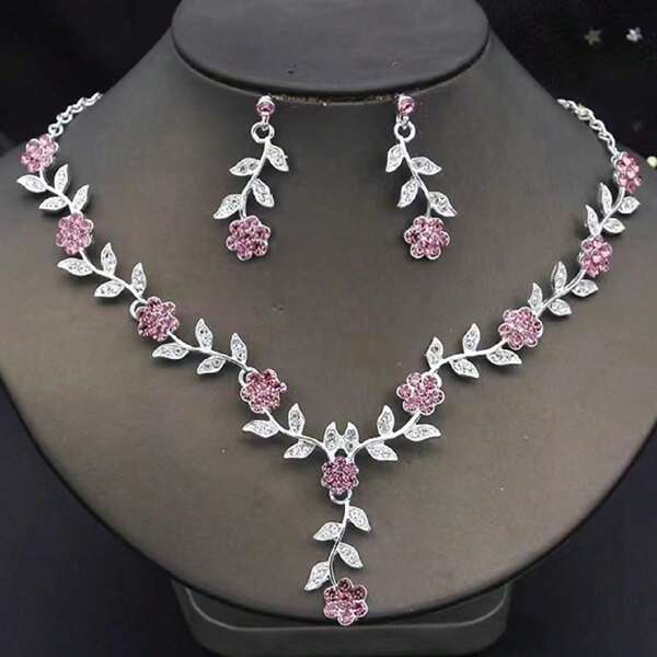3pcs Elegant Jewelry Set: Crystal Flower Pendant Necklace And Earrings, Suitable For Women's Party, Wedding, Birthday Wear