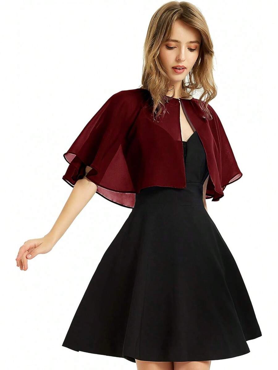 Women's Soft Chiffon Shawl Wraps Shrug For Evening Dress Wedding Cape Bolero Flapper Cover Up - Màu đỏ rượu vang đậm - Xem 1