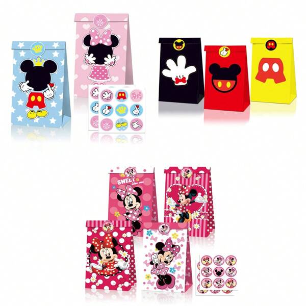Disney Set de 12 bolsas de regalo con diseño de Mickey y Minnie Disney, bolsas de fiesta de cumpleaños, bolsas para empaquetar galletas y caramelos, bolsas de envoltura y almacenamiento con temática Disney