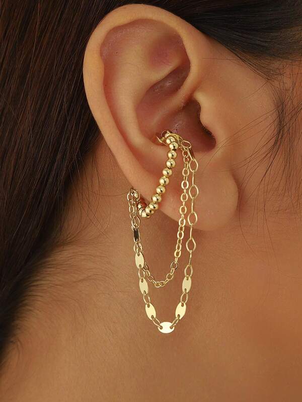 1pc Magnetic Pearl Tassel Clip-On Earrings, Stylish Bone Clip Ear Cuff, Suitable For Daily, Party, Music Festivals