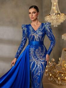 Faeriesty Elegant V-Neck Long-Sleeve Mermaid Evening Gown With Satin Overskirt & Metallic Floral Embroidery - Perfect For Black-Tie Galas, Formal Red Carpet Events, Luxury Award Ceremonies, Charity Fundraisers, Upscale Weddings - 寶藍色 - 查看 6