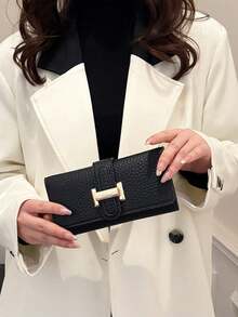 1 件女士经典复古荔枝纹柔软黑色长款钱包拉链零钱包三折手机钱包防盗信用卡夹便捷手提包女士钱包钱包