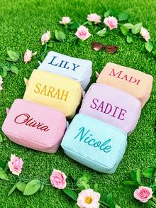 1pc Personalized Large Embroidered Name Letter Makeup Bag, Beach Vacation Storage Pouch, Tulle Cosmetic Organizer Bag, Large Capacity Clutch, Bridesmaid Gift, Toiletry Bag, Embroidered Name Outdoor Pouch - Multicolor - View 3