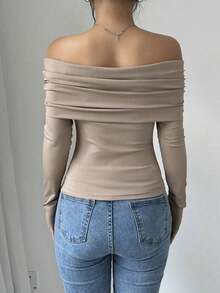 Women's Elegant Off Shoulder Ruffle Long Sleeve Solid Color Blouse - Albaricoque - Ver 2