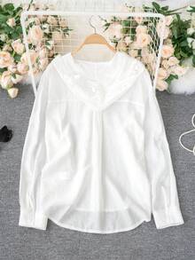 French Hollow Crochet Hooded Long Sleeve Blouse, Loose Street Style Fashionable Elegant Thin Shirt For Women, Autumn/Winter