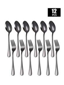 2/8/12/24pcs Stainless Steel Dessert Forks & Spoons Set, Suitable For Home Kitchen, Restaurant, Wedding, Party - Black - View 12