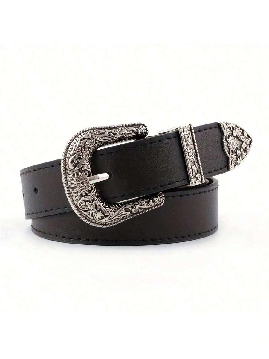 1 Pc Vintage Western Style Black Cowboy Square Buckle Leather Belt For Men Summer, School Casual, Business, Boyfriend Husband Father Dad Men Gift, Daily Wear, Fashion, Teen, Outdoor, Vacation, Athletic, Travel, Street, Boho, Vintage Fall, Autumn, Halloween Autumn-Winter Accessories, Suitable For Teens, Youth, Men, Casual, Outdoor, Athletic, Vacation, Graduation Gifts, Birthday, Daily Wear - Black - View 1