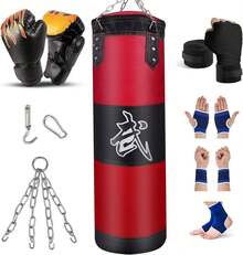 Unfilled Heavy Bag Training Set For Adults - Includes Gloves, Wraps, Chain & Hook For Boxing, MMA, Kickboxing - 紅色 - 查看 1